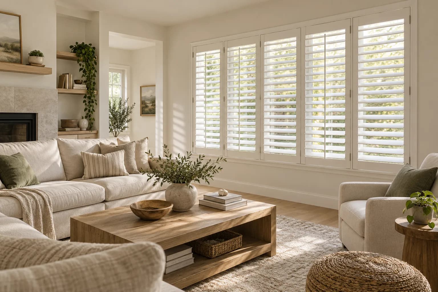Bright living room with fitted white plantation shutters