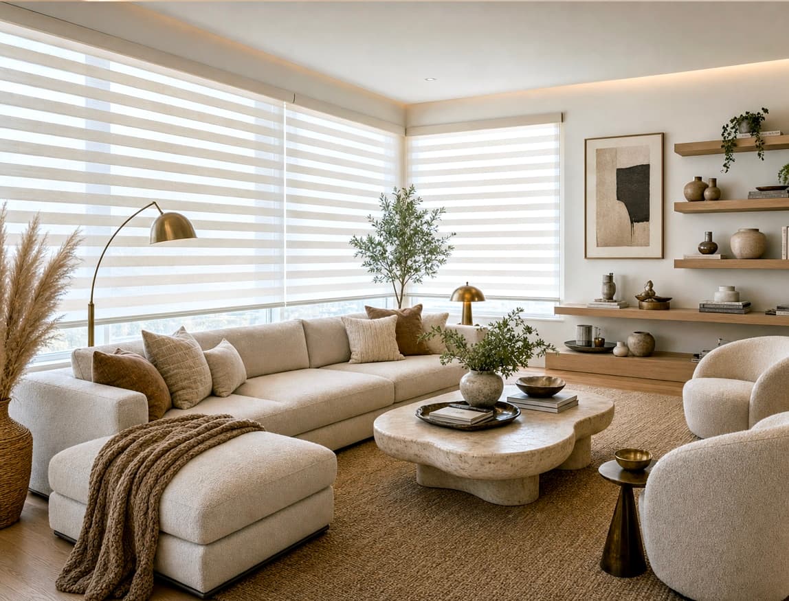 Layered sheer shades softly filtering light across a living room