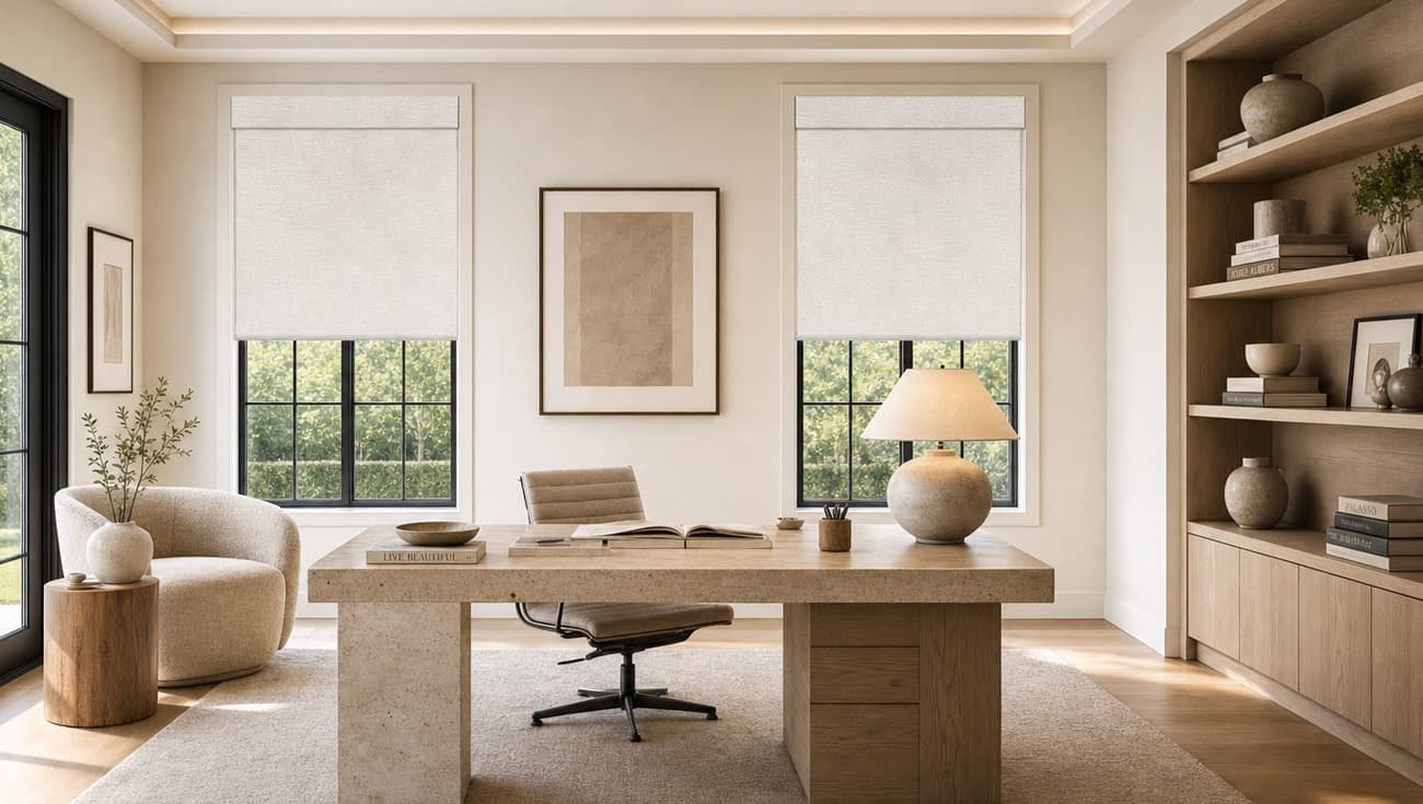 Light-filtering roller shades in a calm home office