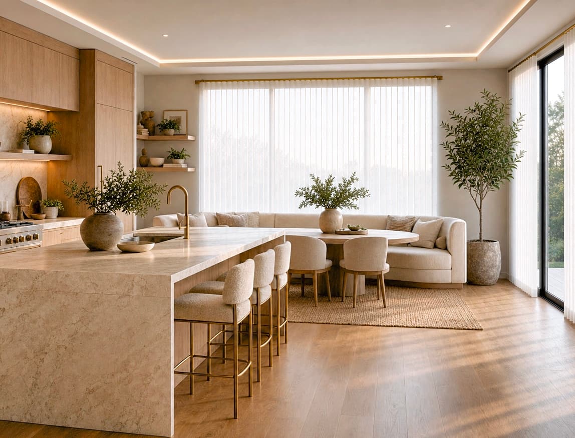 Soft vertical panels spanning a wide opening in an open-plan room