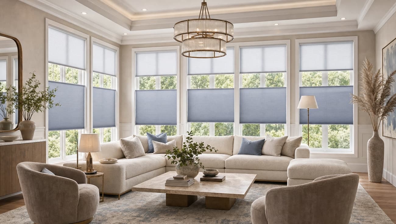 Top-down bottom-up honeycomb shades around a bright living room