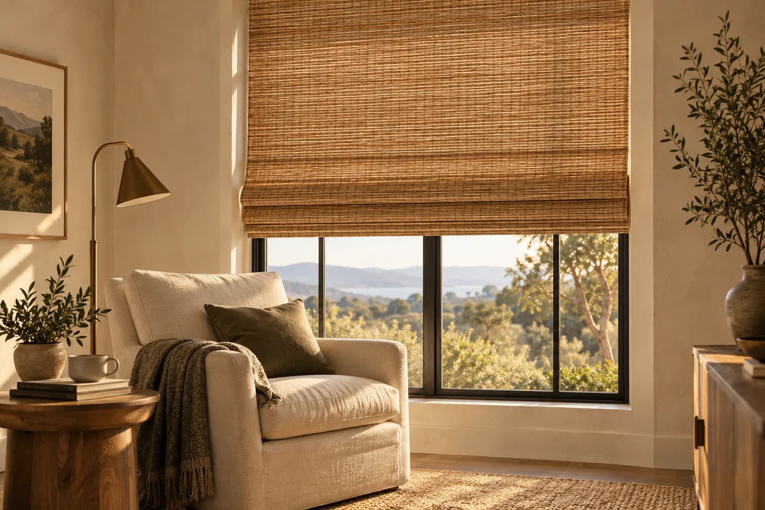 Woven wood shades in a finished home interior