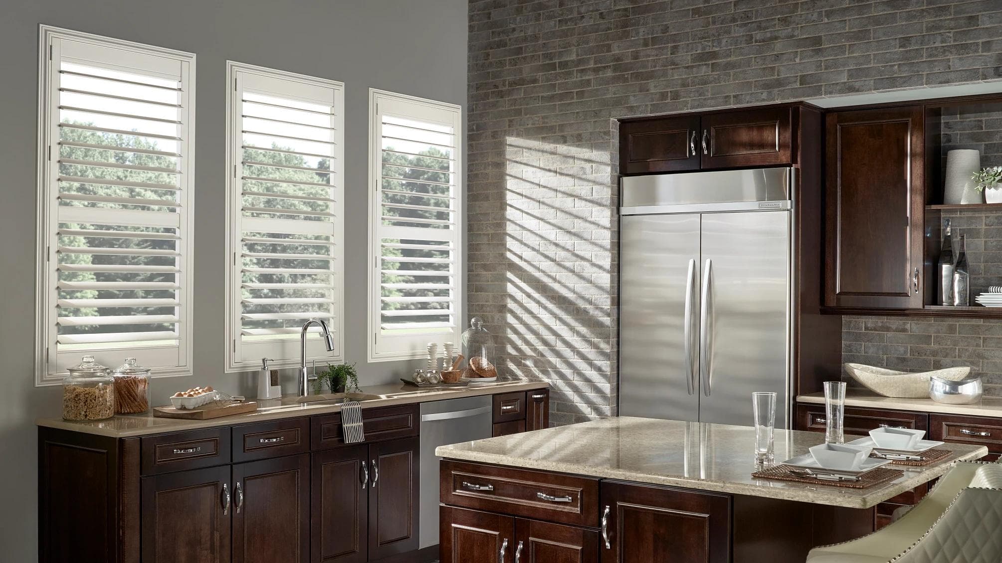 White shutters installed above a kitchen counter