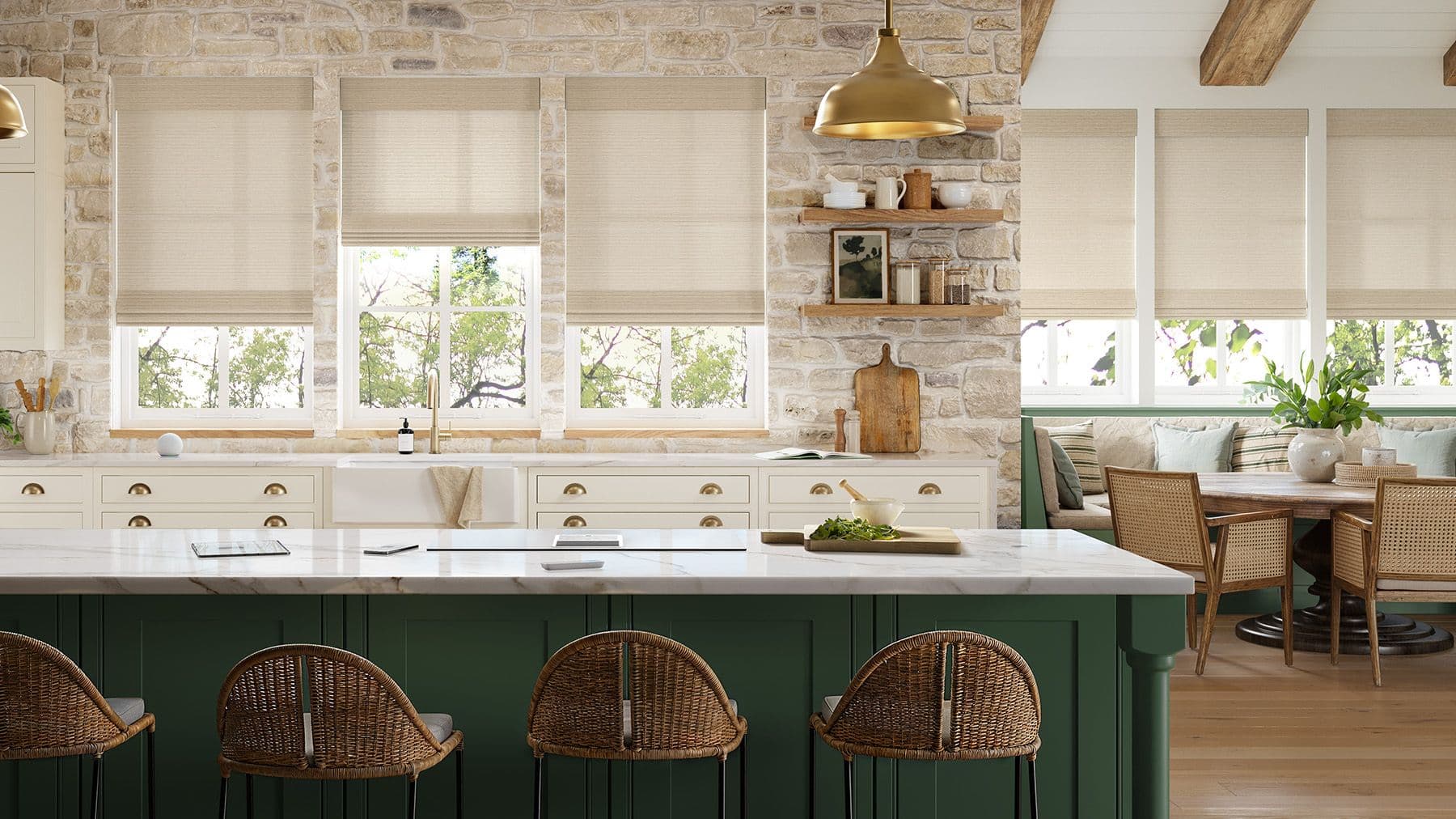 Natural woven shades adding texture to a bright kitchen