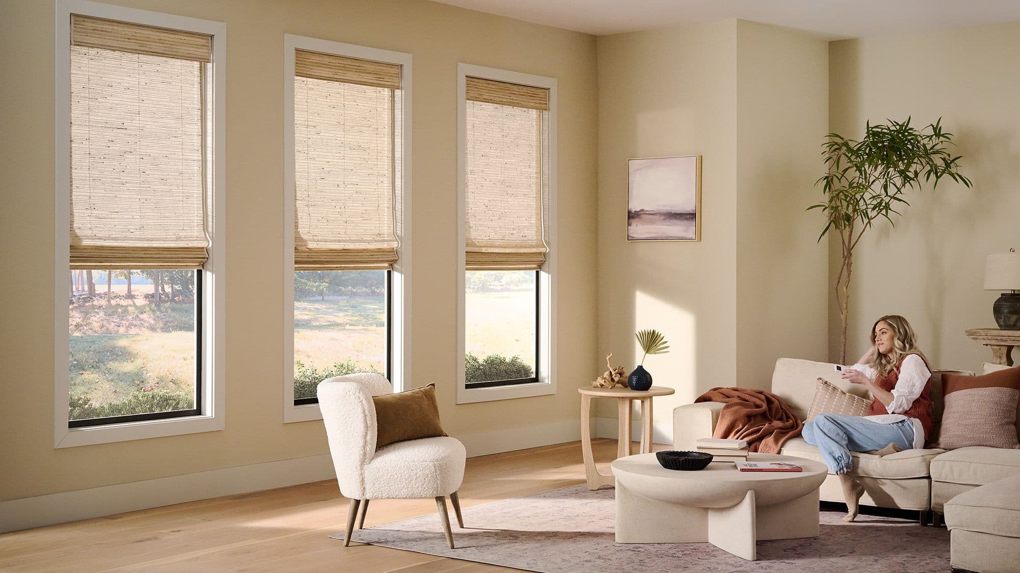 Natural woven shades in a relaxed living room