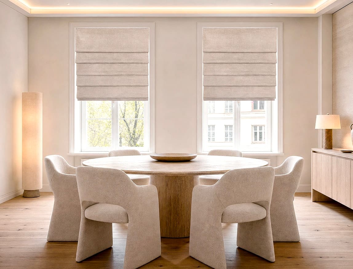 Tailored Roman shades with structured folds in a calm dining room