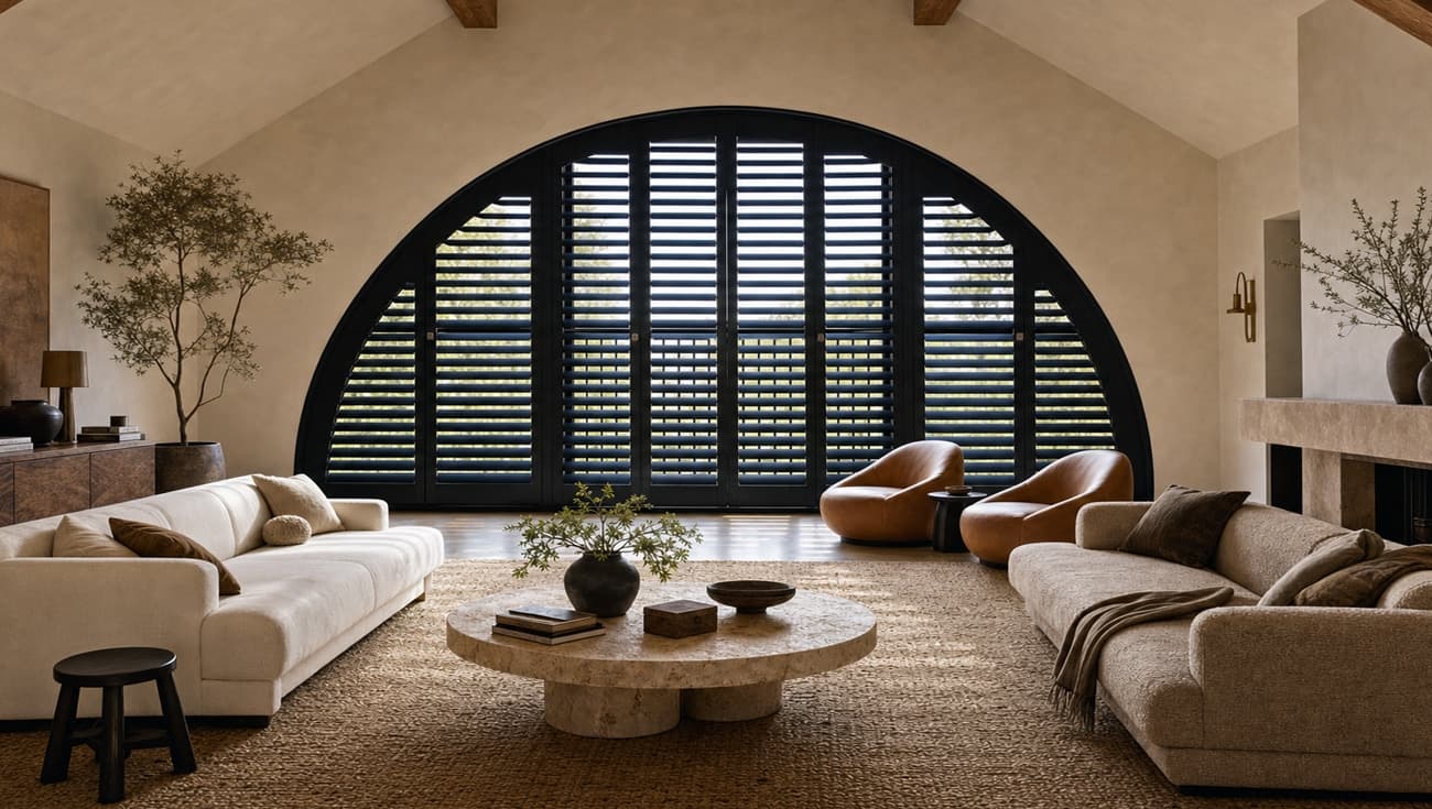 Dark shutters fitted precisely to a large arched opening