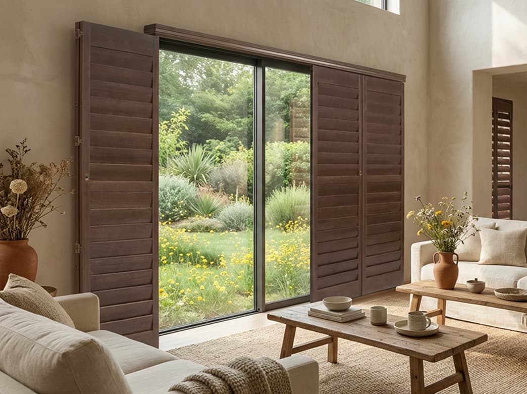 Wood shutters folded back from a wide sliding-glass opening