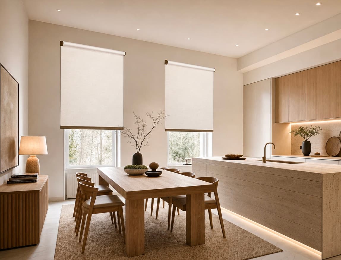 Light-filtering roller shades in a modern kitchen and dining area